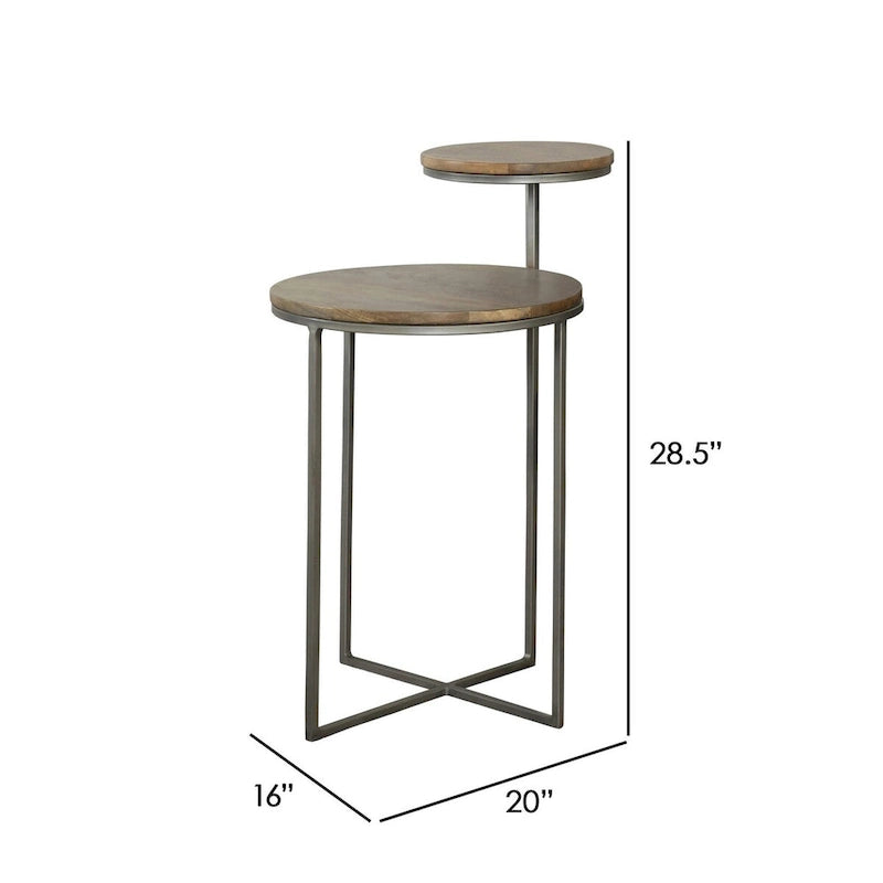 29 Zoll Moderner runder Beistelltisch, 2 Ebenen, braune Holzplatten, graues Metallgestell