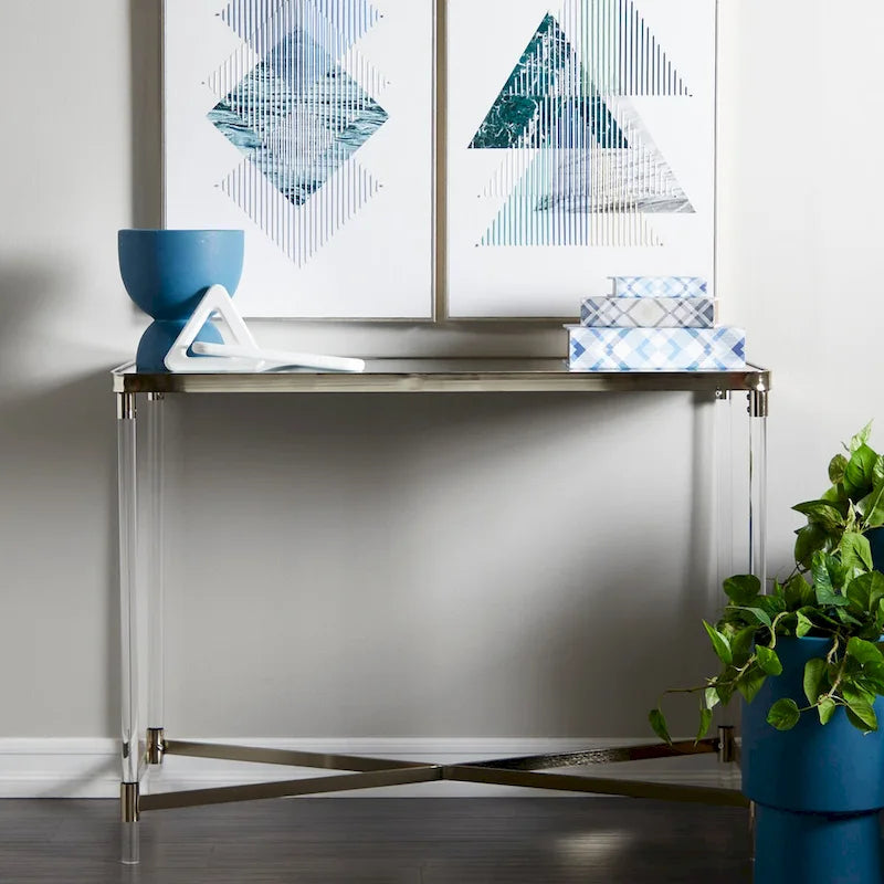 Metall-Konsolentisch mit Spiegelplatte und Acrylbeinen – Gold oder Silber – Roche River Decor