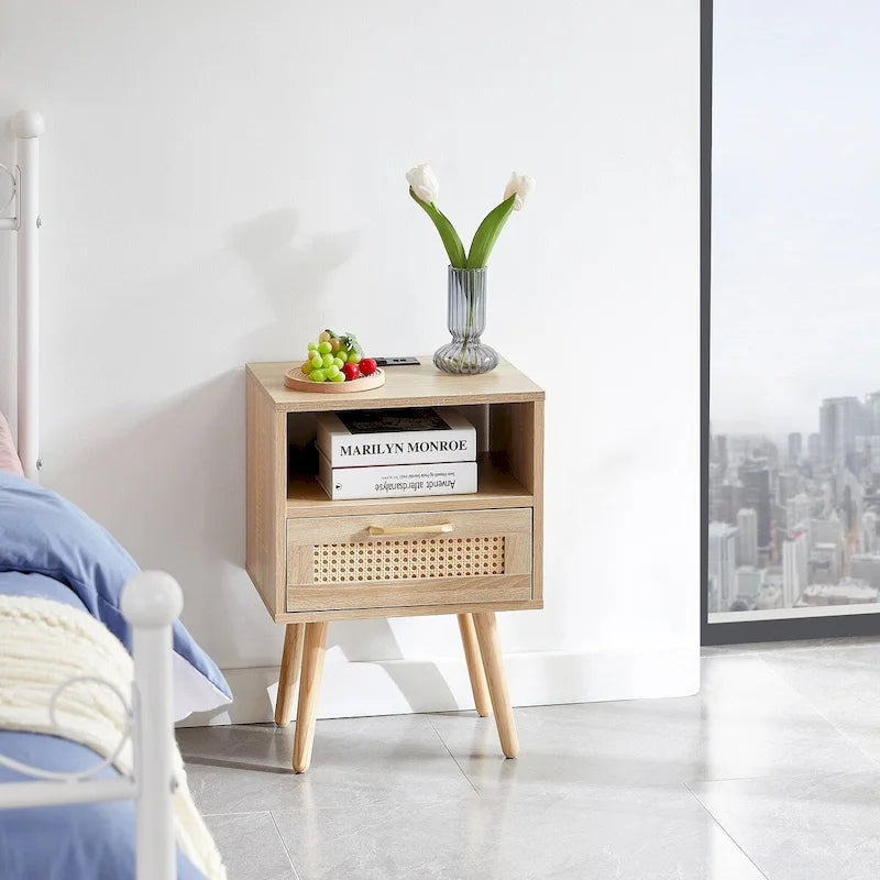 15,75 cm Rattan Beistelltisch mit Steckdose & USB-AnschlüssenModerner Nachttisch mit Schublade und Massivholzbeinen, Beistelltisch für Wohnzimmer