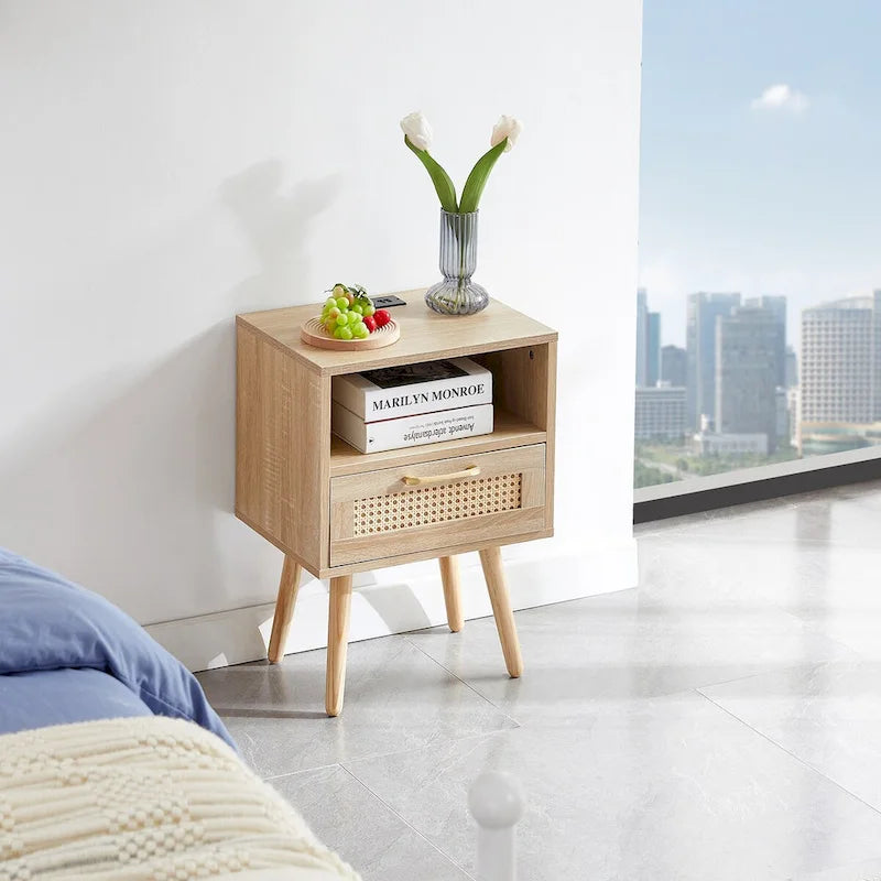 15,75 cm Rattan Beistelltisch mit Steckdose & USB-AnschlüssenModerner Nachttisch mit Schublade und Massivholzbeinen, Beistelltisch für Wohnzimmer