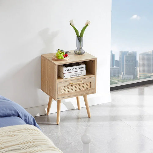 15,75 cm Rattan Beistelltisch mit Steckdose & USB-AnschlüssenModerner Nachttisch mit Schublade und Massivholzbeinen, Beistelltisch für Wohnzimmer