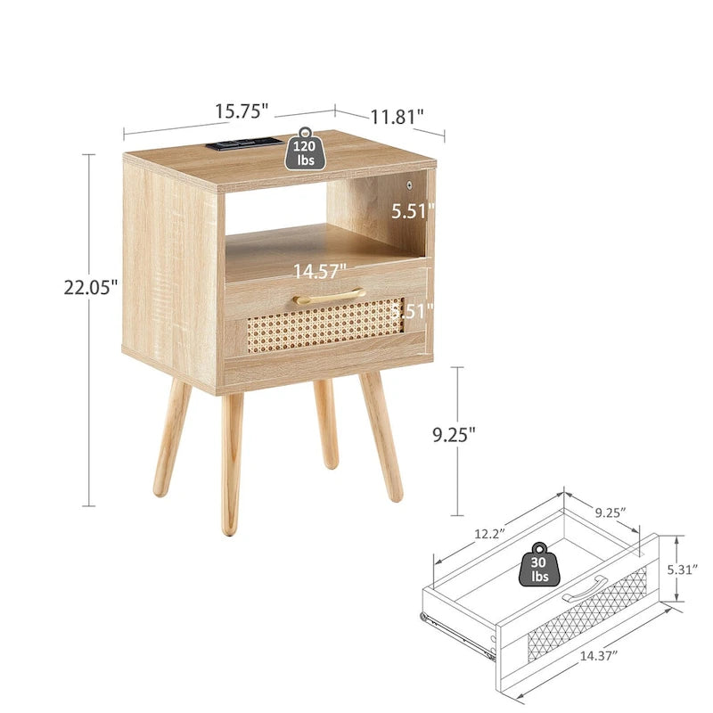 15,75 cm Rattan Beistelltisch mit Steckdose & USB-AnschlüssenModerner Nachttisch mit Schublade und Massivholzbeinen, Beistelltisch für Wohnzimmer