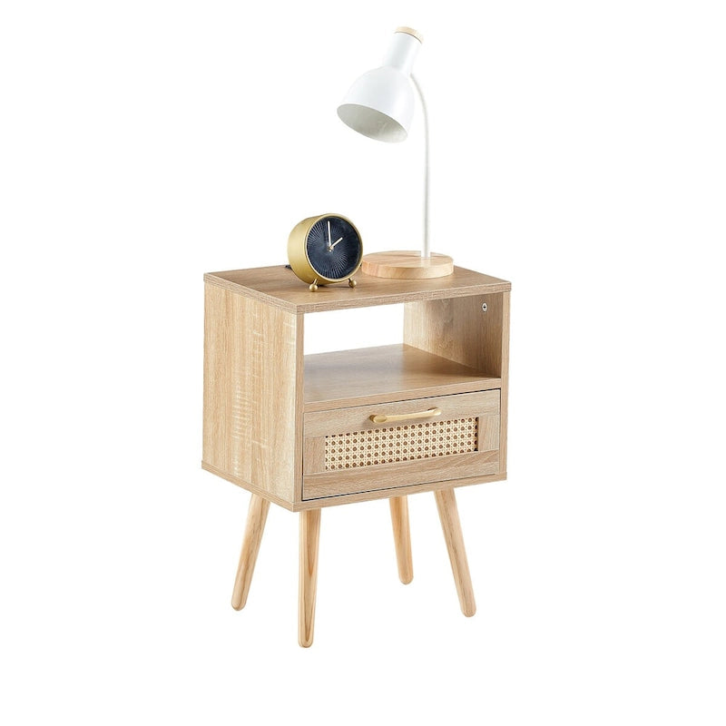 15,75 cm Rattan Beistelltisch mit Steckdose & USB-AnschlüssenModerner Nachttisch mit Schublade und Massivholzbeinen, Beistelltisch für Wohnzimmer