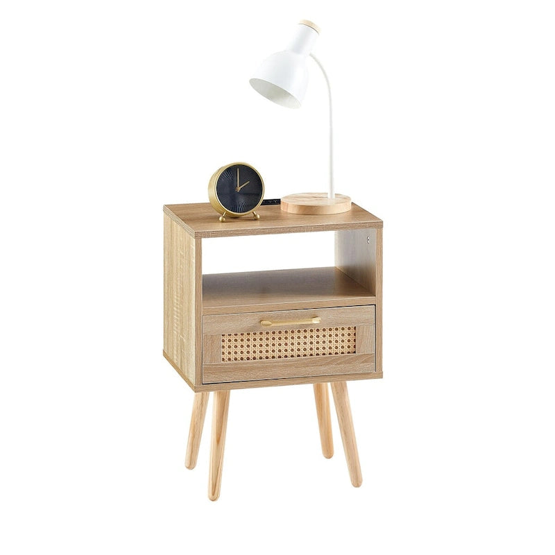15,75 cm Rattan Beistelltisch mit Steckdose & USB-AnschlüssenModerner Nachttisch mit Schublade und Massivholzbeinen, Beistelltisch für Wohnzimmer
