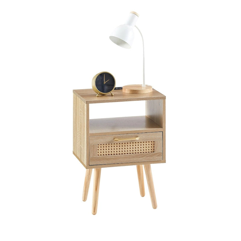 15,75 cm Rattan Beistelltisch mit Steckdose & USB-AnschlüssenModerner Nachttisch mit Schublade und Massivholzbeinen, Beistelltisch für Wohnzimmer