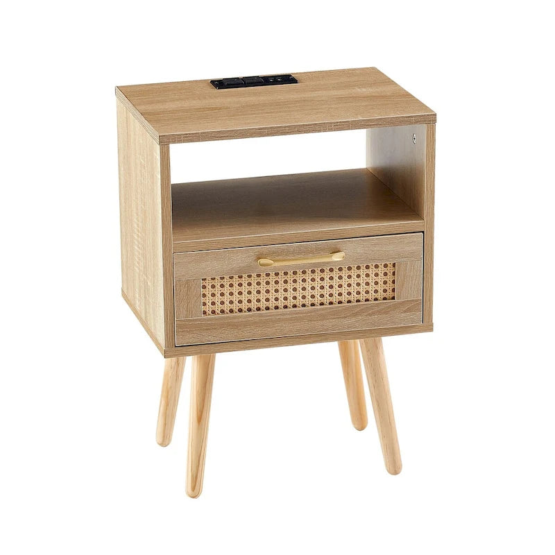 15,75 cm Rattan Beistelltisch mit Steckdose & USB-AnschlüssenModerner Nachttisch mit Schublade und Massivholzbeinen, Beistelltisch für Wohnzimmer