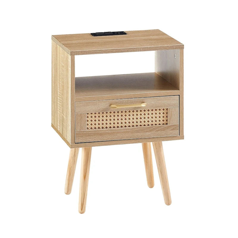15,75 cm Rattan Beistelltisch mit Steckdose & USB-AnschlüssenModerner Nachttisch mit Schublade und Massivholzbeinen, Beistelltisch für Wohnzimmer