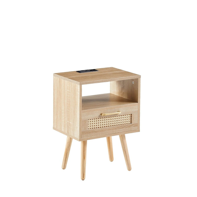 15,75 cm Rattan Beistelltisch mit Steckdose & USB-AnschlüssenModerner Nachttisch mit Schublade und Massivholzbeinen, Beistelltisch für Wohnzimmer