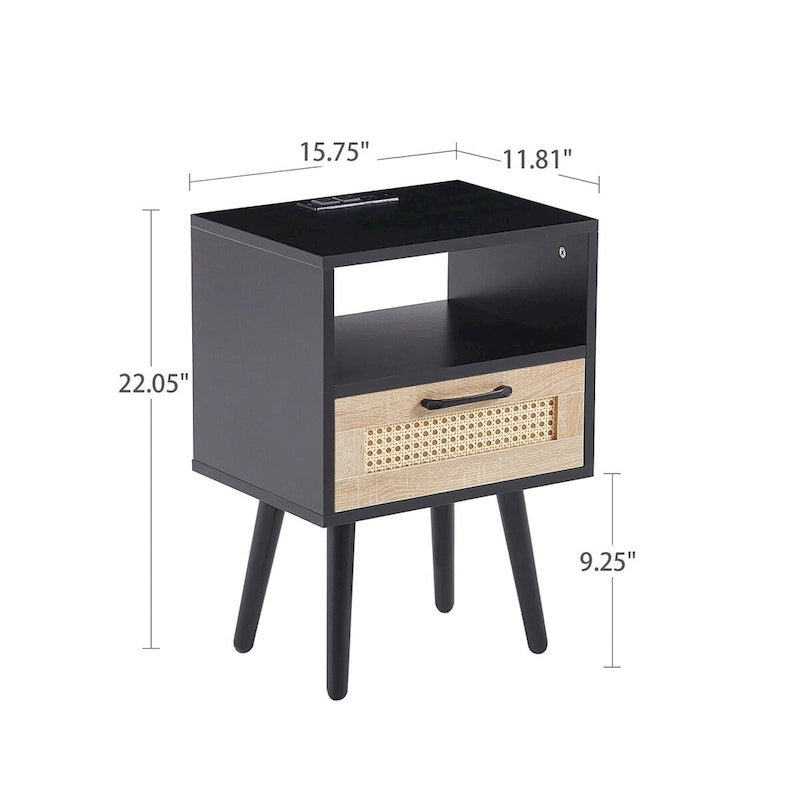 15,75 cm Rattan Beistelltisch mit Steckdose & USB-AnschlüssenModerner Nachttisch mit Schublade und Massivholzbeinen, Beistelltisch für Wohnzimmer