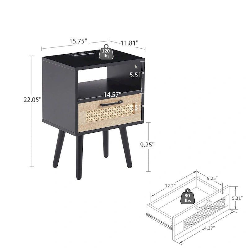 15,75 cm Rattan Beistelltisch mit Steckdose & USB-AnschlüssenModerner Nachttisch mit Schublade und Massivholzbeinen, Beistelltisch für Wohnzimmer
