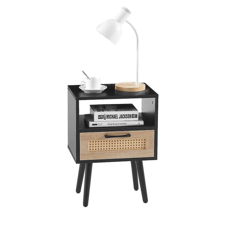 15,75 cm Rattan Beistelltisch mit Steckdose & USB-AnschlüssenModerner Nachttisch mit Schublade und Massivholzbeinen, Beistelltisch für Wohnzimmer