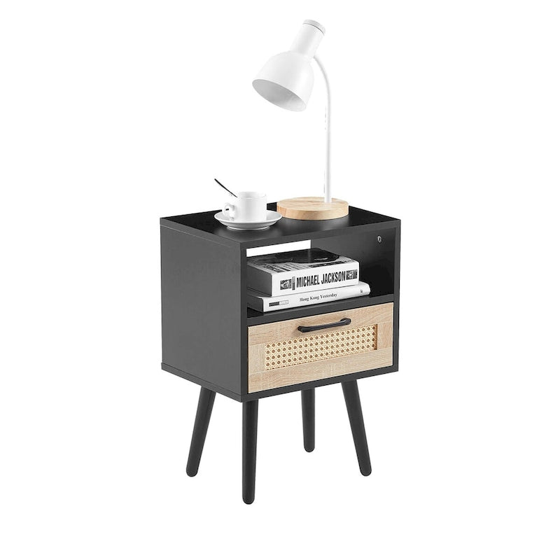 15,75 cm Rattan Beistelltisch mit Steckdose & USB-AnschlüssenModerner Nachttisch mit Schublade und Massivholzbeinen, Beistelltisch für Wohnzimmer