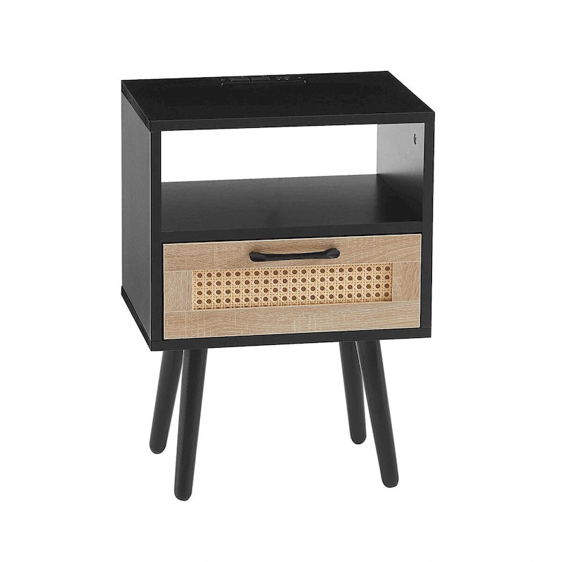 15,75 cm Rattan Beistelltisch mit Steckdose & USB-AnschlüssenModerner Nachttisch mit Schublade und Massivholzbeinen, Beistelltisch für Wohnzimmer