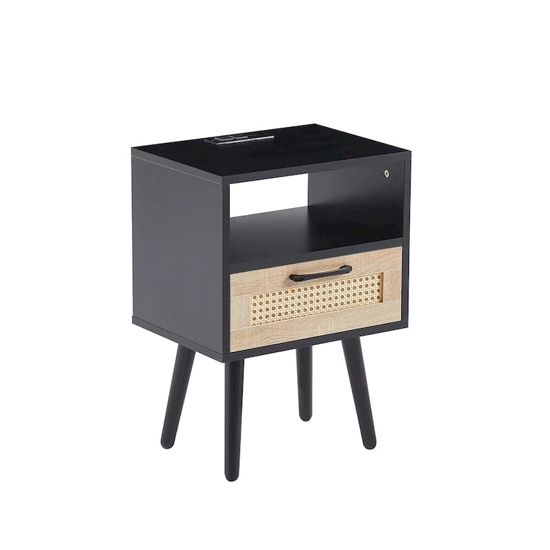 15,75 cm Rattan Beistelltisch mit Steckdose & USB-AnschlüssenModerner Nachttisch mit Schublade und Massivholzbeinen, Beistelltisch für Wohnzimmer
