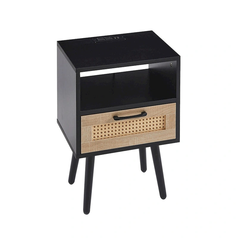 15,75 cm Rattan Beistelltisch mit Steckdose & USB-AnschlüssenModerner Nachttisch mit Schublade und Massivholzbeinen, Beistelltisch für Wohnzimmer