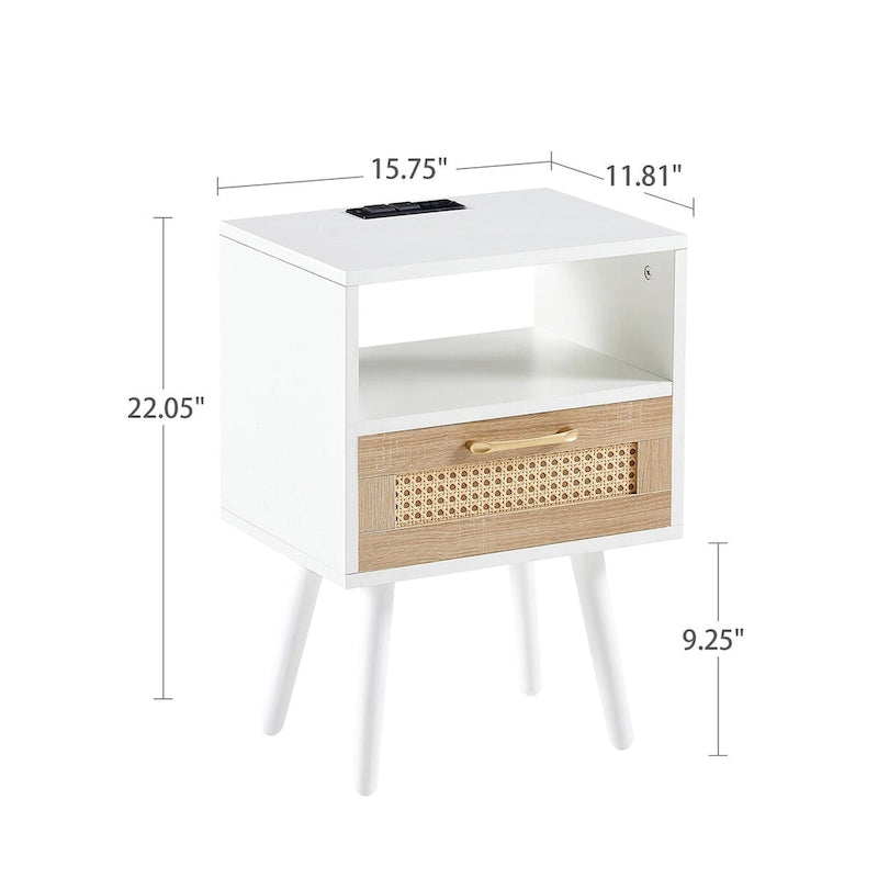 15,75 cm Rattan Beistelltisch mit Steckdose & USB-AnschlüssenModerner Nachttisch mit Schublade und Massivholzbeinen, Beistelltisch für Wohnzimmer