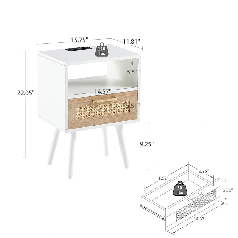 15,75 cm Rattan Beistelltisch mit Steckdose & USB-AnschlüssenModerner Nachttisch mit Schublade und Massivholzbeinen, Beistelltisch für Wohnzimmer