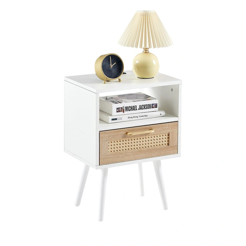 15,75 cm Rattan Beistelltisch mit Steckdose & USB-AnschlüssenModerner Nachttisch mit Schublade und Massivholzbeinen, Beistelltisch für Wohnzimmer