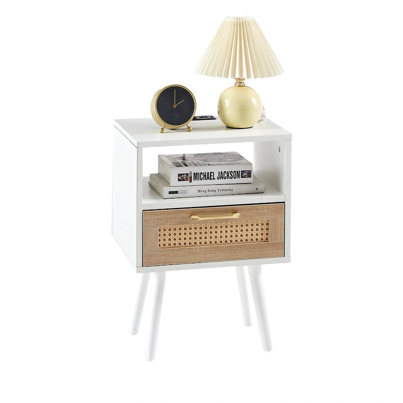15,75 cm Rattan Beistelltisch mit Steckdose & USB-AnschlüssenModerner Nachttisch mit Schublade und Massivholzbeinen, Beistelltisch für Wohnzimmer