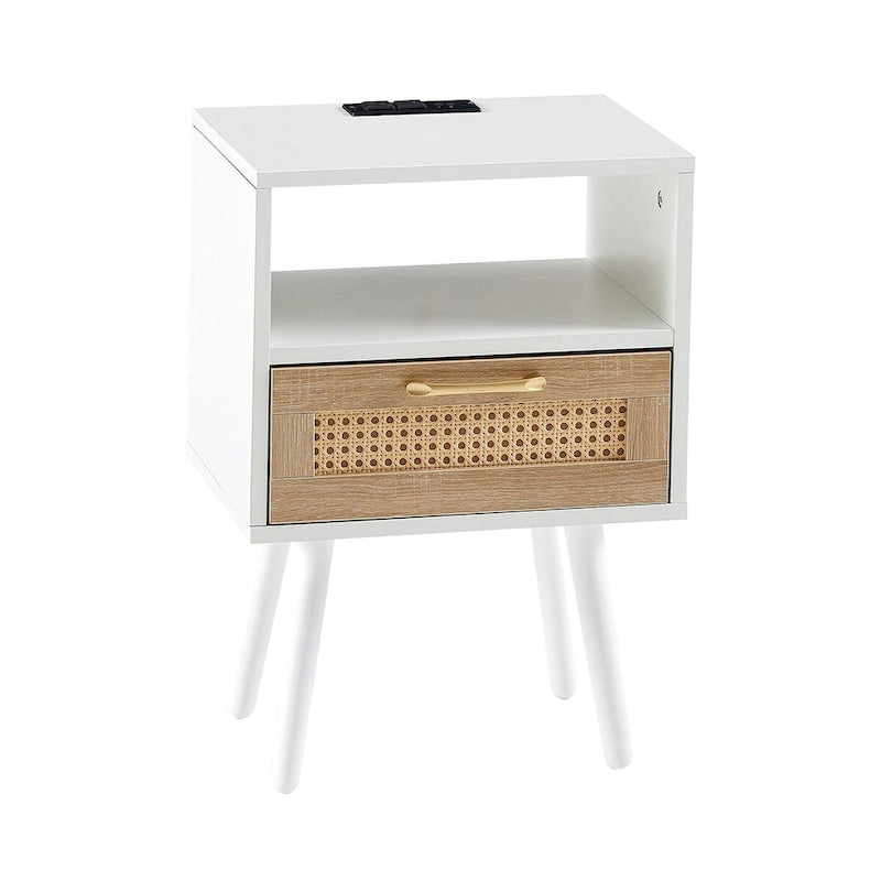 15,75 cm Rattan Beistelltisch mit Steckdose & USB-AnschlüssenModerner Nachttisch mit Schublade und Massivholzbeinen, Beistelltisch für Wohnzimmer
