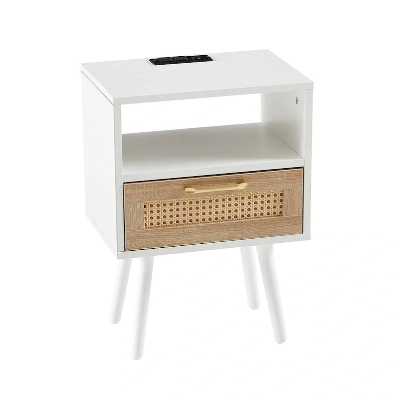 15,75 cm Rattan Beistelltisch mit Steckdose & USB-AnschlüssenModerner Nachttisch mit Schublade und Massivholzbeinen, Beistelltisch für Wohnzimmer