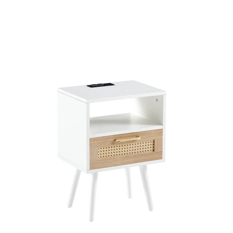 15,75 cm Rattan Beistelltisch mit Steckdose & USB-AnschlüssenModerner Nachttisch mit Schublade und Massivholzbeinen, Beistelltisch für Wohnzimmer