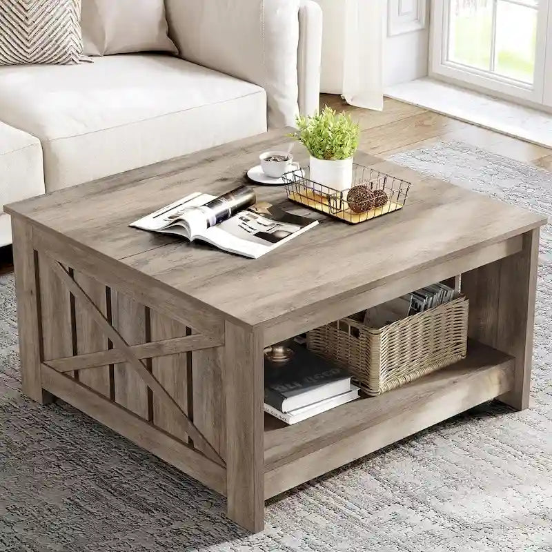 Moasis Farmhouse Couchtisch mit Stauraum für Wohnzimmer, quadratischer Beistelltisch