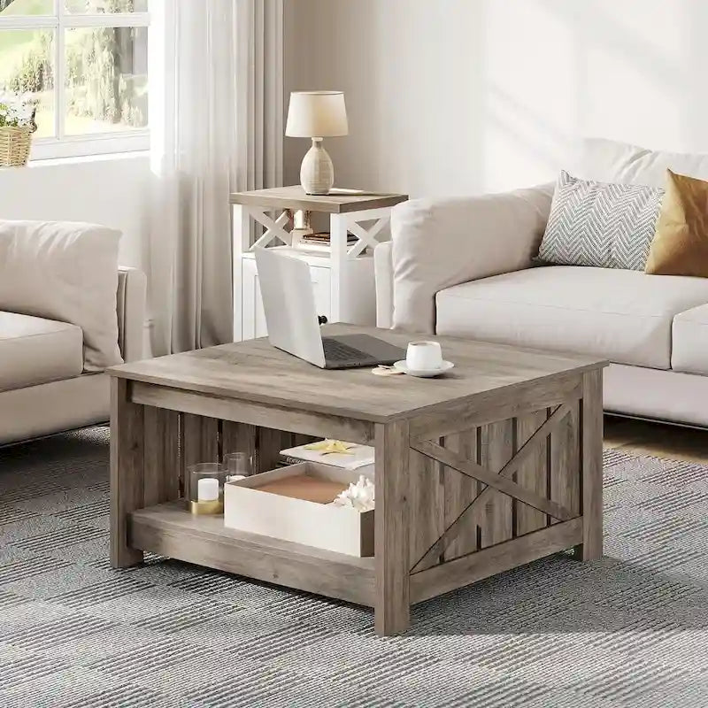 Moasis Farmhouse Couchtisch mit Stauraum für Wohnzimmer, quadratischer Beistelltisch