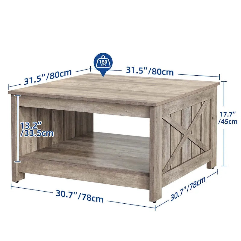 Moasis Farmhouse Couchtisch mit Stauraum für Wohnzimmer, quadratischer Beistelltisch
