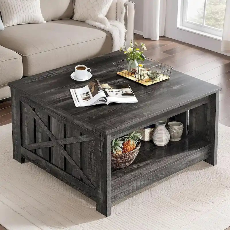 Moasis Farmhouse Couchtisch mit Stauraum für Wohnzimmer, quadratischer Beistelltisch