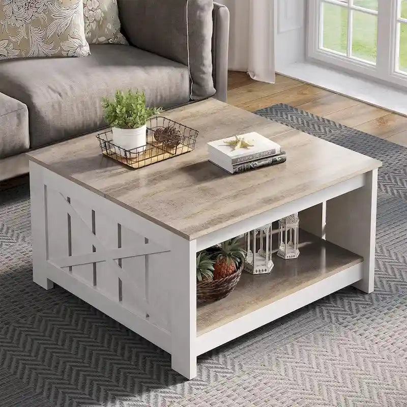 Moasis Farmhouse Couchtisch mit Stauraum für Wohnzimmer, quadratischer Beistelltisch