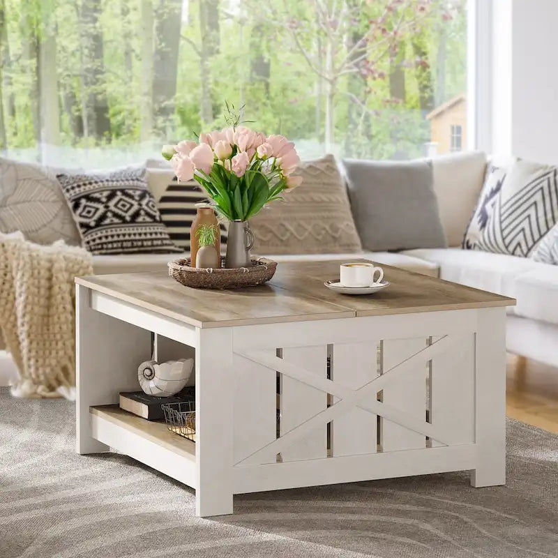 Moasis Farmhouse Couchtisch mit Stauraum für Wohnzimmer, quadratischer Beistelltisch