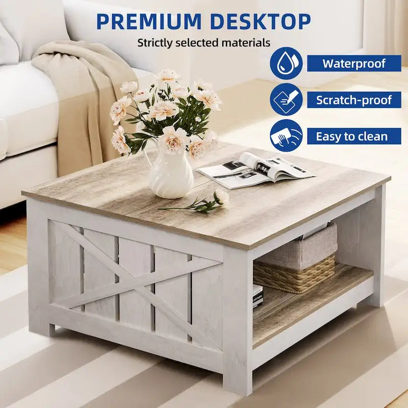 Moasis Farmhouse Couchtisch mit Stauraum für Wohnzimmer, quadratischer Beistelltisch