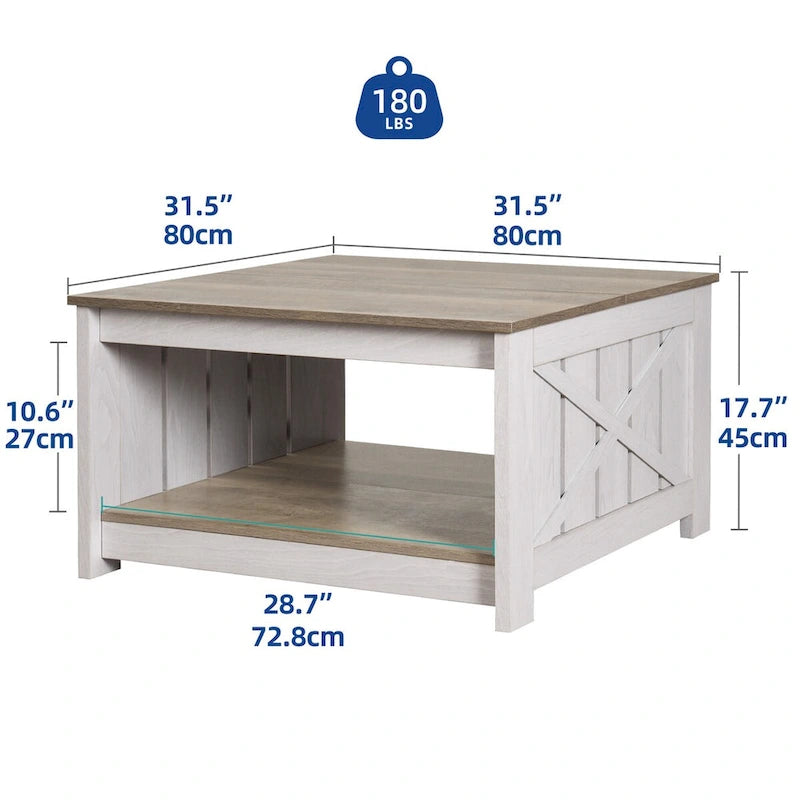 Moasis Farmhouse Couchtisch mit Stauraum für Wohnzimmer, quadratischer Beistelltisch