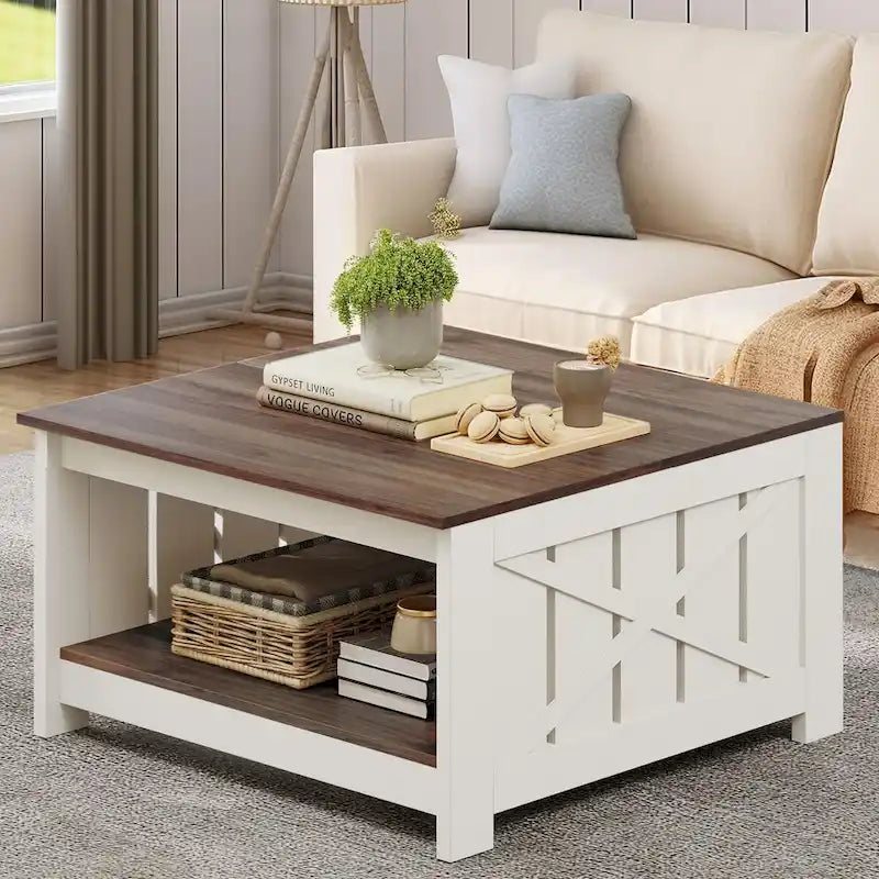 Moasis Farmhouse Couchtisch mit Stauraum für Wohnzimmer, quadratischer Beistelltisch