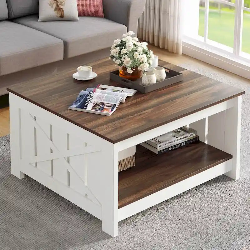 Moasis Farmhouse Couchtisch mit Stauraum für Wohnzimmer, quadratischer Beistelltisch