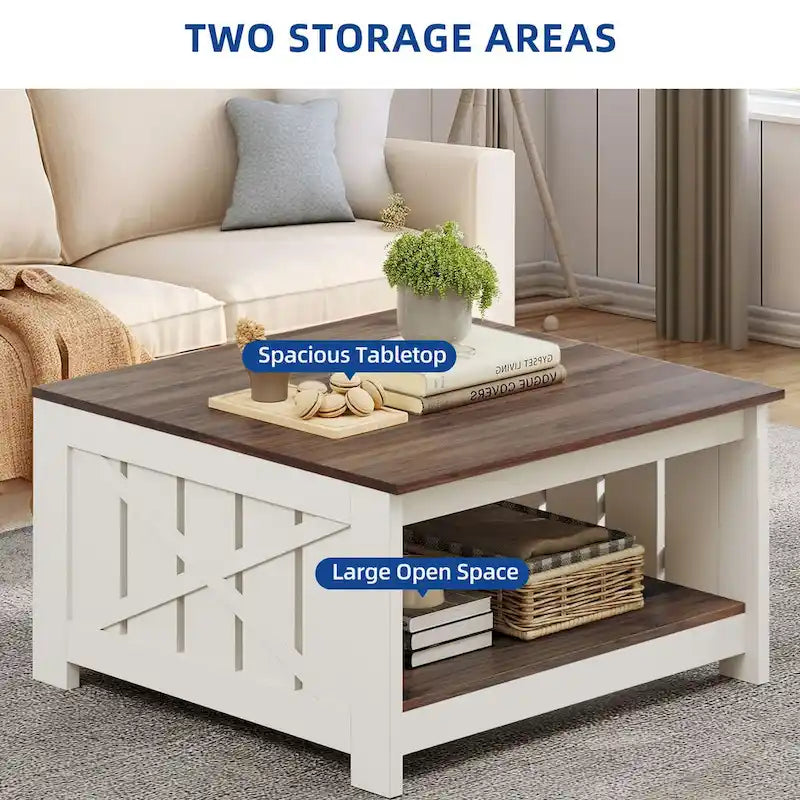 Moasis Farmhouse Couchtisch mit Stauraum für Wohnzimmer, quadratischer Beistelltisch