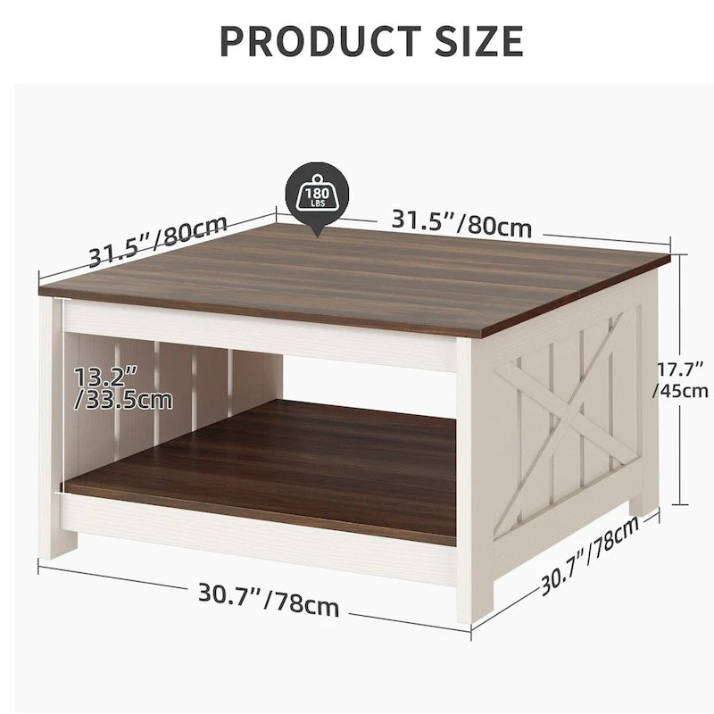 Moasis Farmhouse Couchtisch mit Stauraum für Wohnzimmer, quadratischer Beistelltisch