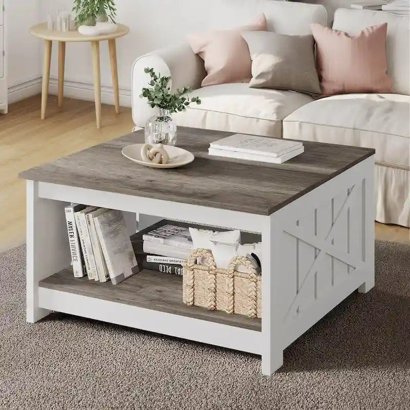 Moasis Farmhouse Couchtisch mit Stauraum für Wohnzimmer, quadratischer Beistelltisch
