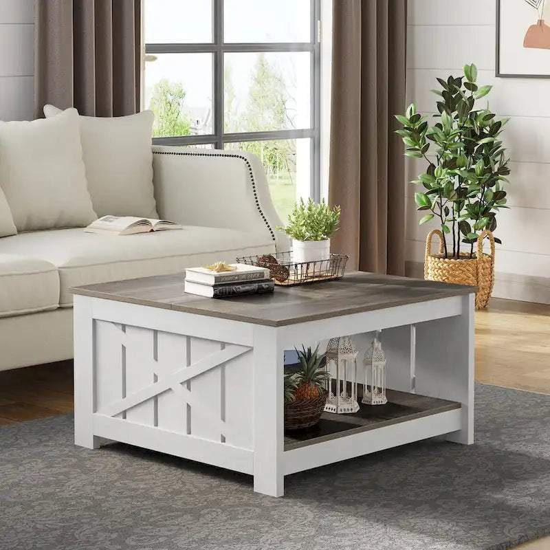 Moasis Farmhouse Couchtisch mit Stauraum für Wohnzimmer, quadratischer Beistelltisch