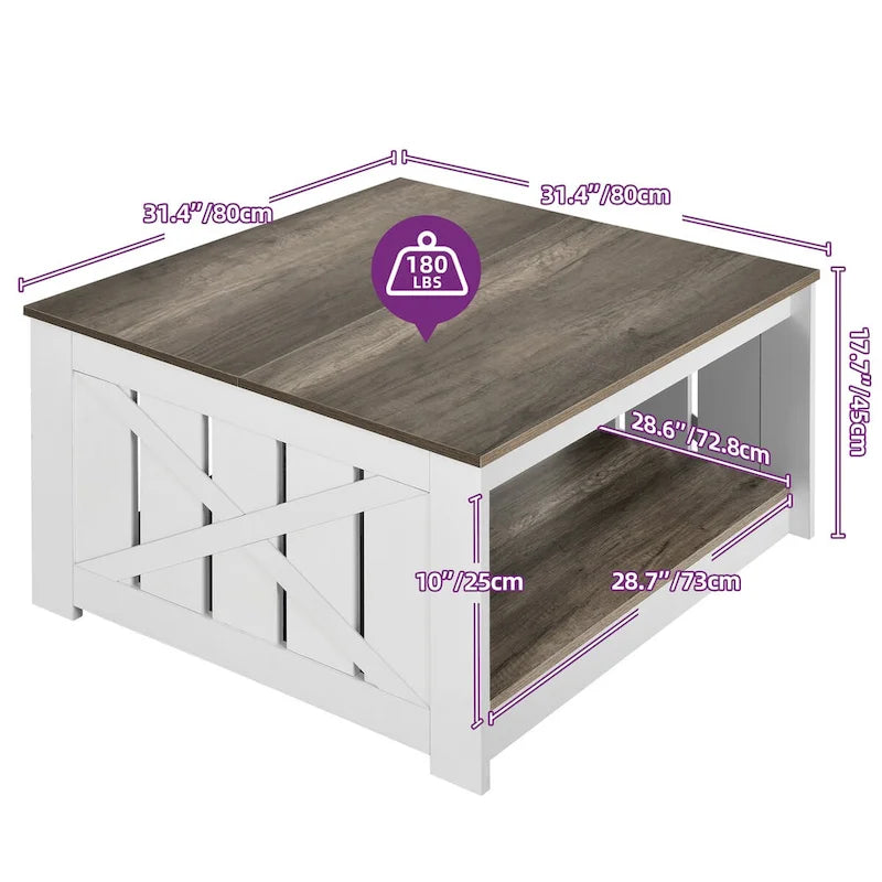 Moasis Farmhouse Couchtisch mit Stauraum für Wohnzimmer, quadratischer Beistelltisch