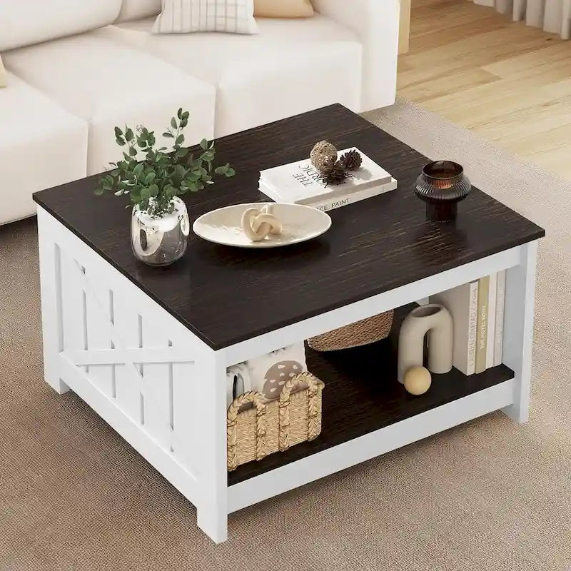 Moasis Farmhouse Couchtisch mit Stauraum für Wohnzimmer, quadratischer Beistelltisch