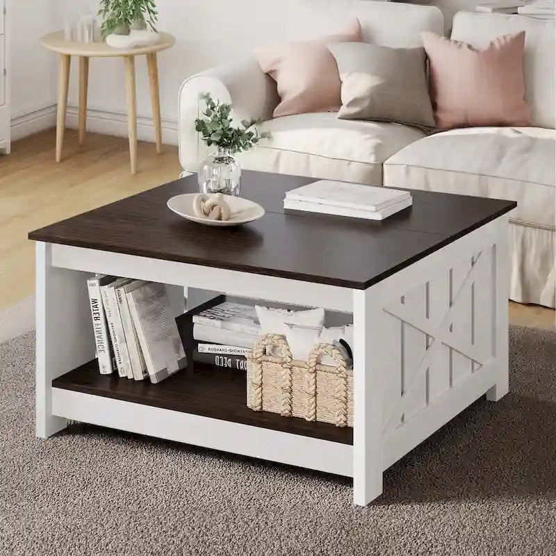 Moasis Farmhouse Couchtisch mit Stauraum für Wohnzimmer, quadratischer Beistelltisch