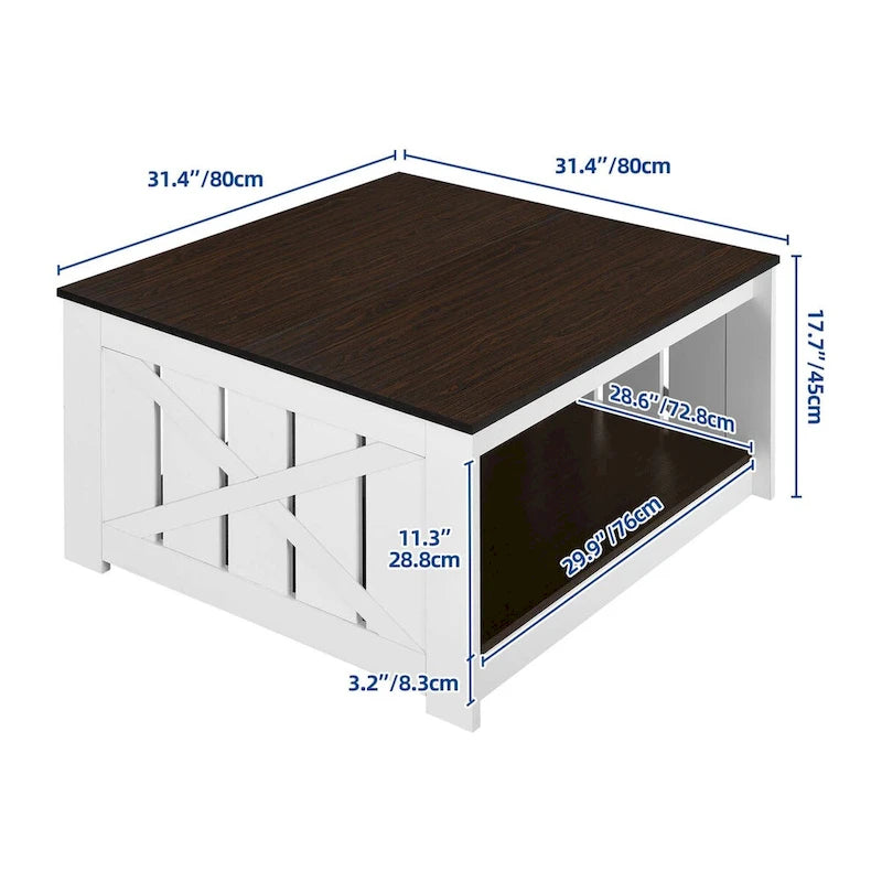 Moasis Farmhouse Couchtisch mit Stauraum für Wohnzimmer, quadratischer Beistelltisch