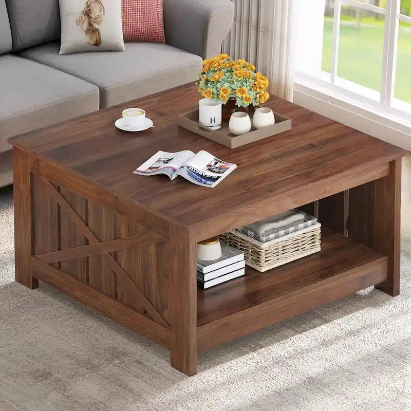 Moasis Farmhouse Couchtisch mit Stauraum für Wohnzimmer, quadratischer Beistelltisch