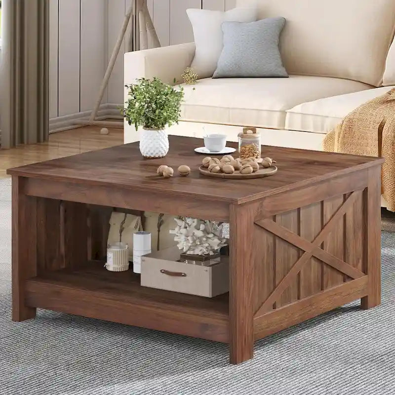 Moasis Farmhouse Couchtisch mit Stauraum für Wohnzimmer, quadratischer Beistelltisch