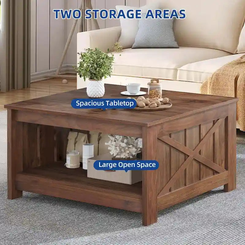 Moasis Farmhouse Couchtisch mit Stauraum für Wohnzimmer, quadratischer Beistelltisch