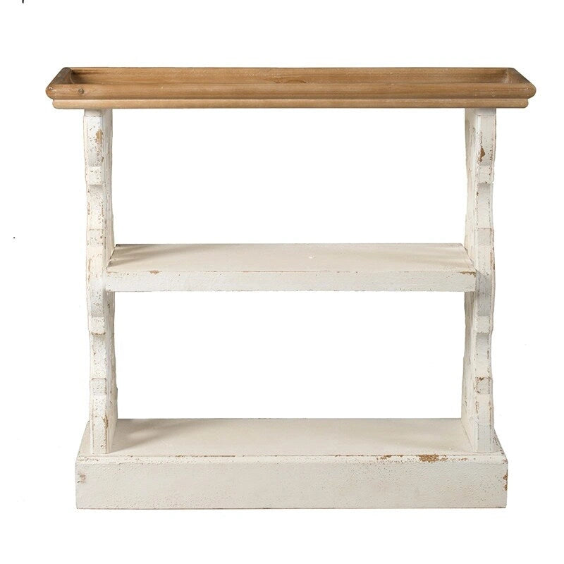 Konsole aus patiniertem Holz mit Ablage und Tablettaufsatz