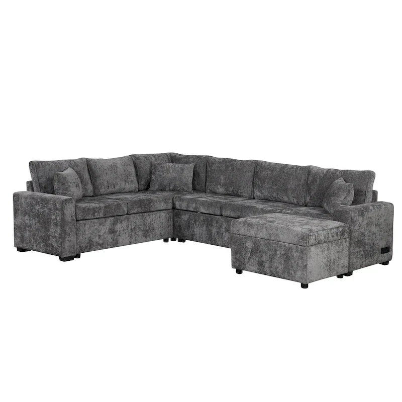 Chenille Ecksofa mit Ausziehfunktion, L-förmiges Schlafsofa mit Stauraum-Ottomane, 3 Kissen und Ladevorrichtungen