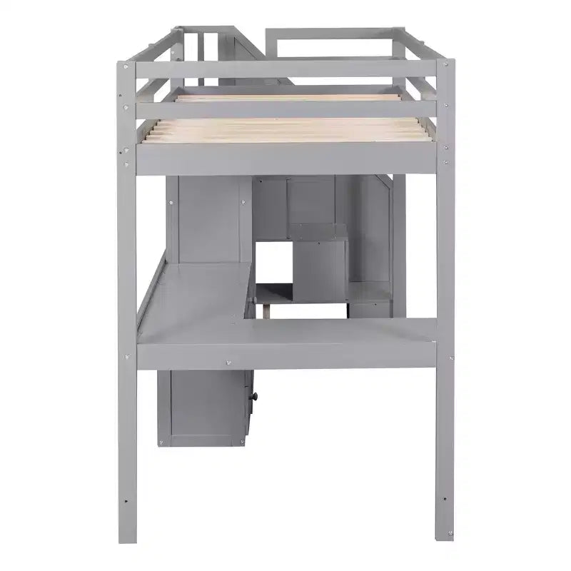 Hochbett in Twin-Größe mit L-förmigem Schreibtisch, 3 Schubladen, Schrank, Treppenstauraum, aus massivem Kiefernholz/MDF gefertigt